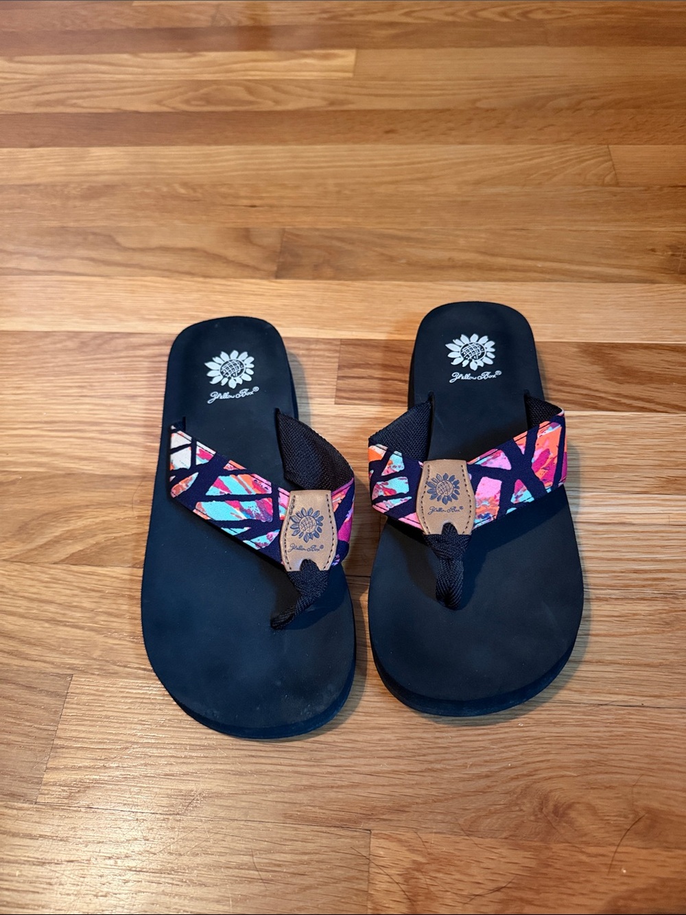 Yellow Box Black Flip Flop Sandals with Multicolor Straps